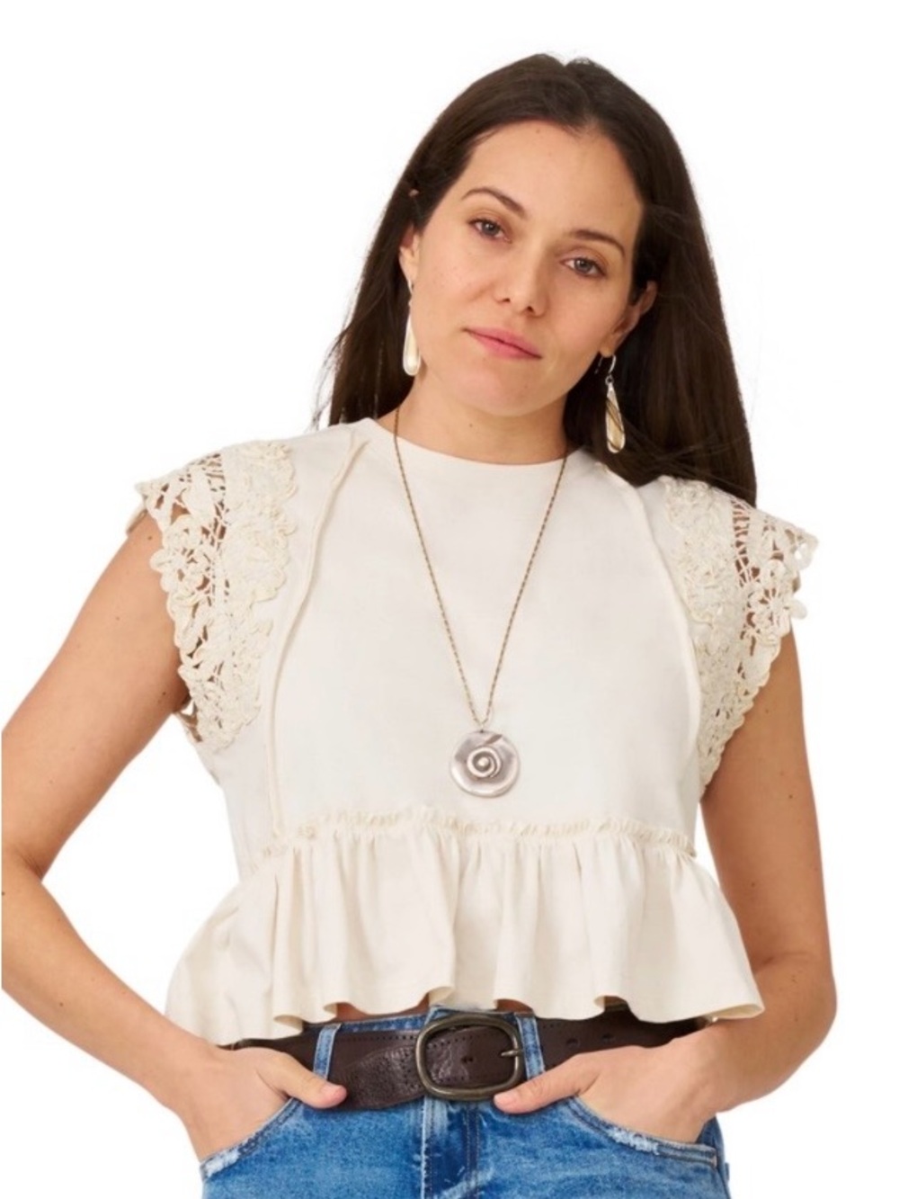 NWT!  Flint And Moss Crochet Sleeve Cream Peplum Crop Top ~ S